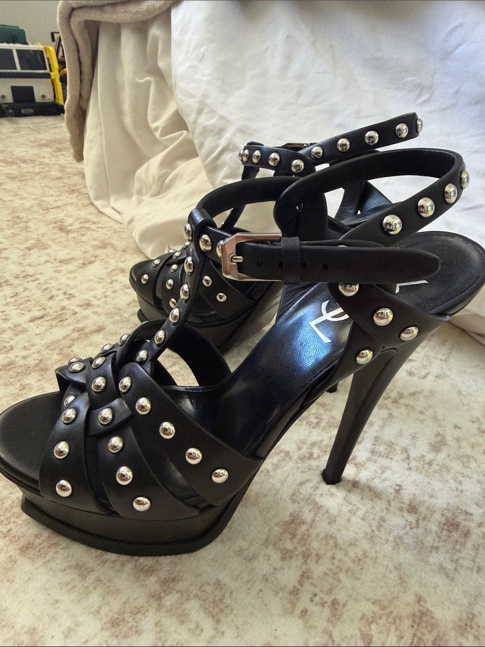 Saint Laurent Black Leather Studded Wrap High Heels - Picture 2 of 3